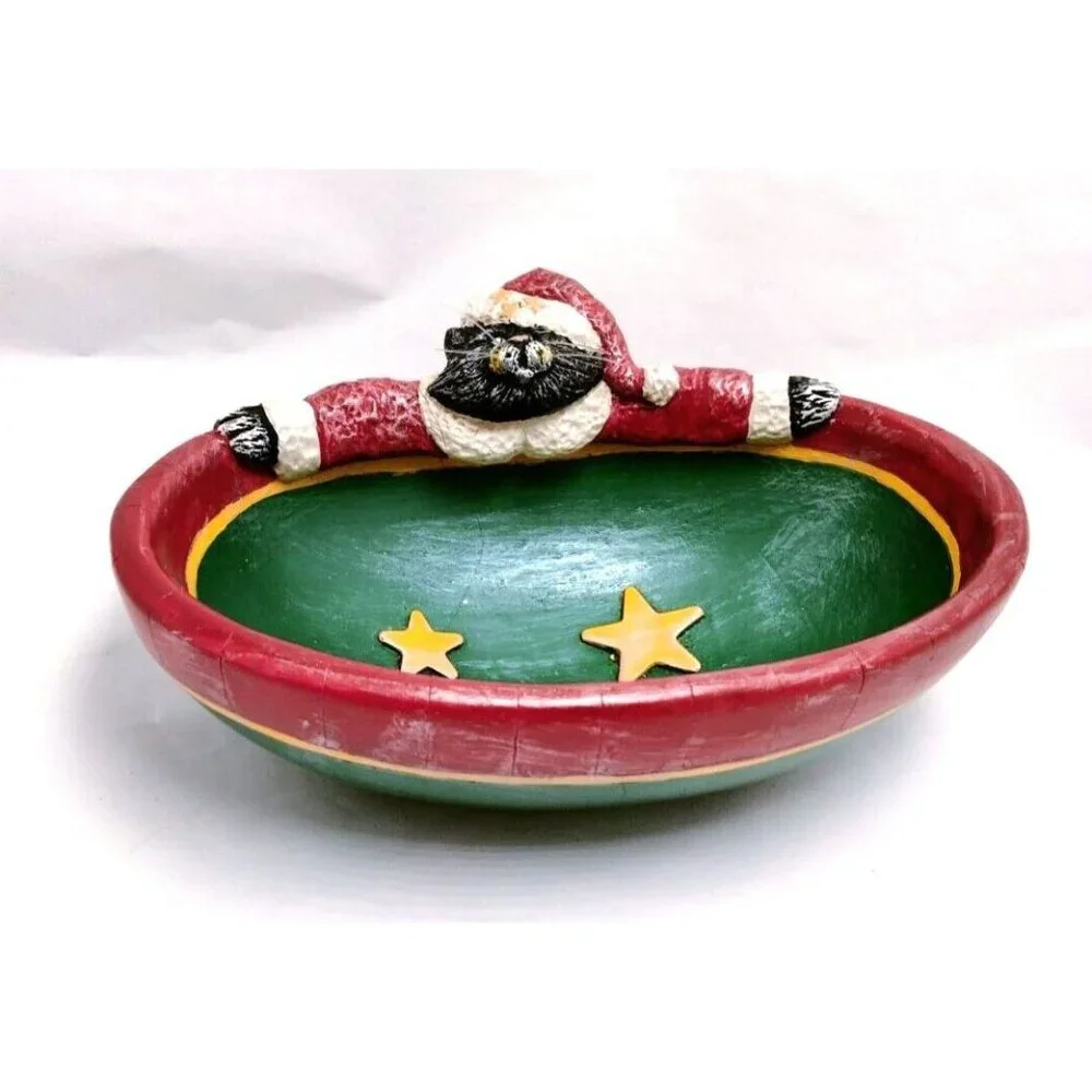 Kurt S Adler Oval Bowl Santa Cat Vintage Candy Dish Distressed Decor